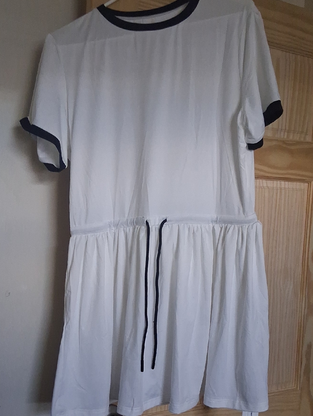 White Midi Dress with Black Trim - Casual Drawstring Waist